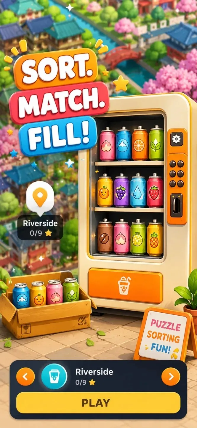 VendiMachi: a vending machine stocked with colorful drinks, “Sort. Match. Fill!”