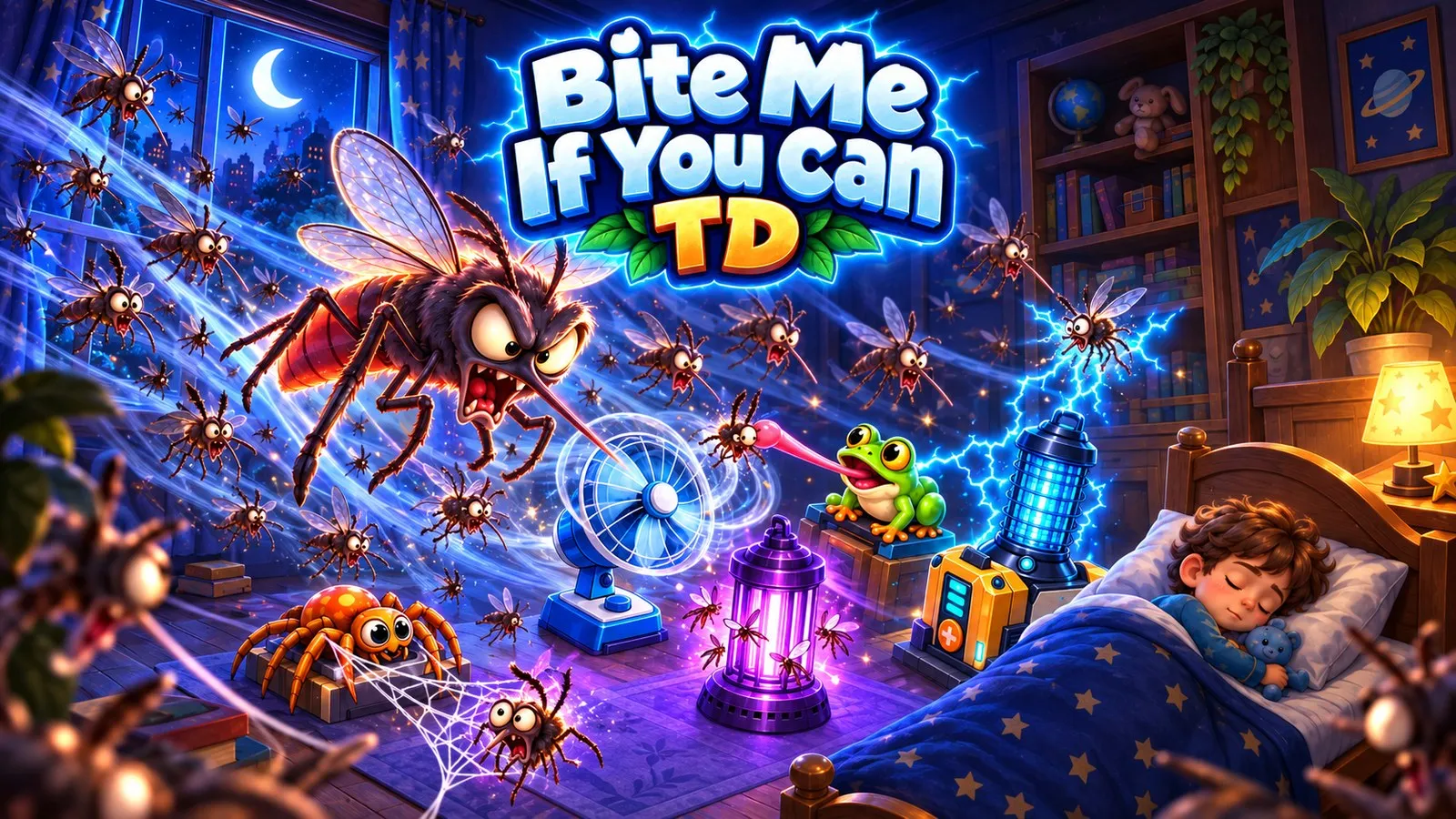 Bite Me If You Can: TD key art: a fan, a frog and a bug zapper hold off a mosquito swarm beside a sleeping child