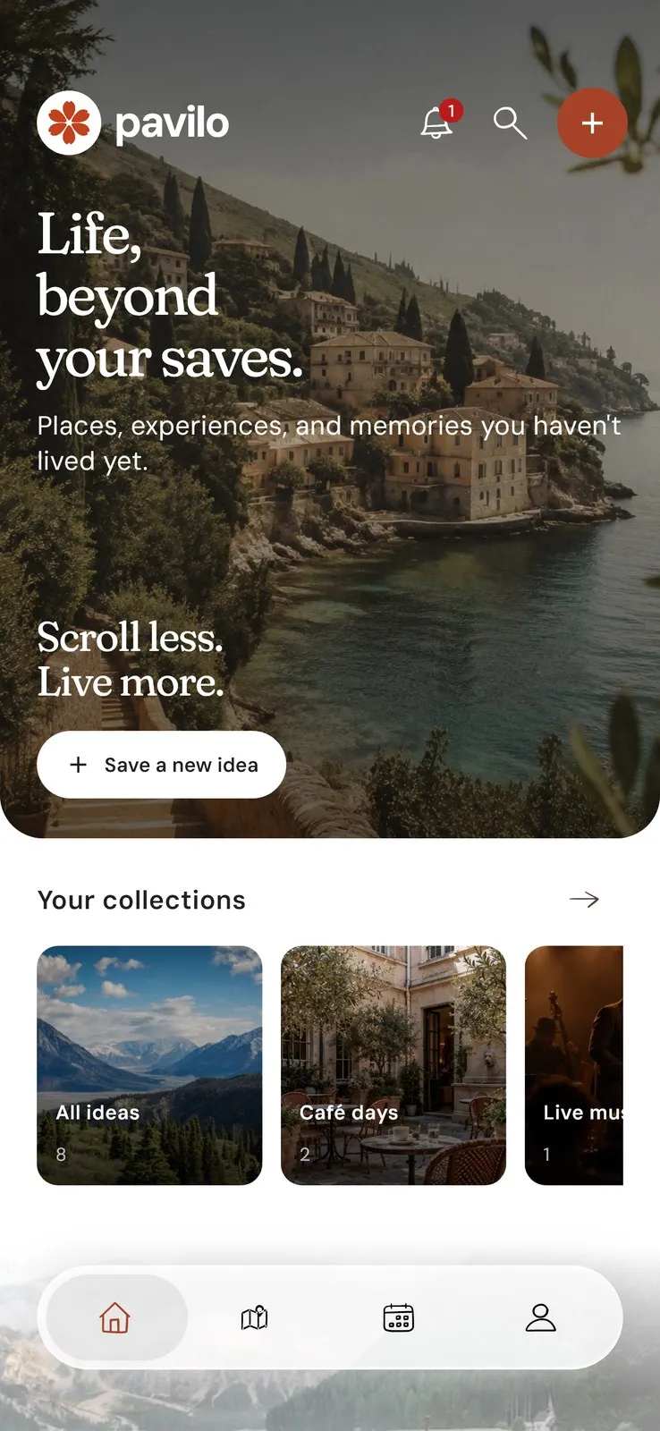 Pavilo home screen with saved collections