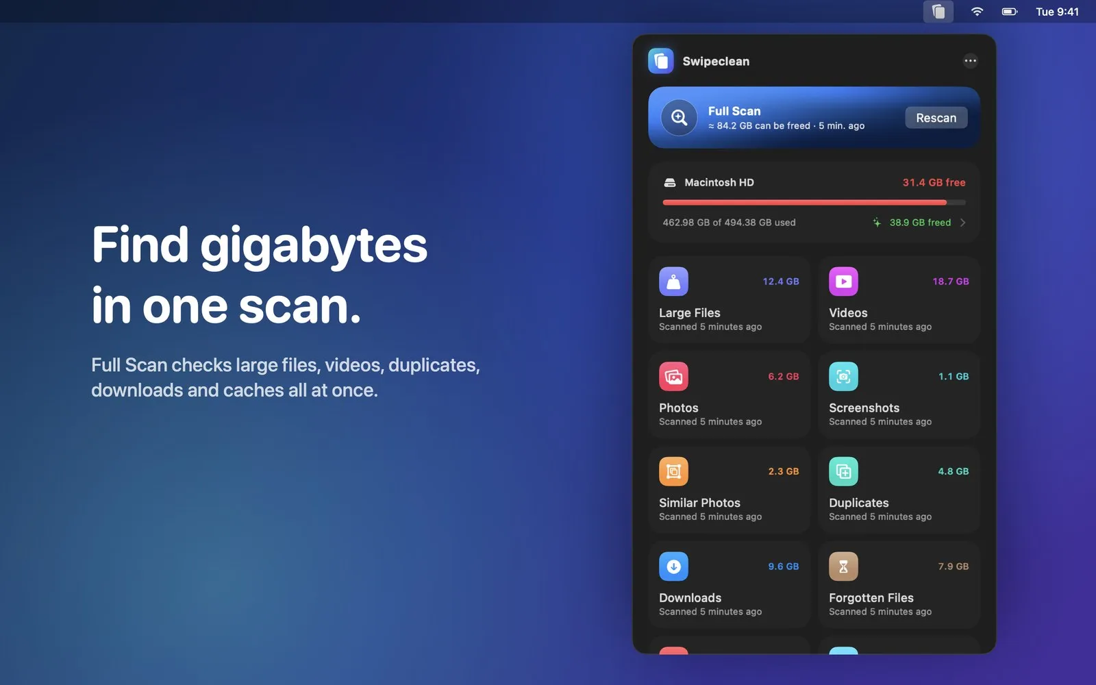 Swipeclean Full Scan: “Find gigabytes in one scan.”