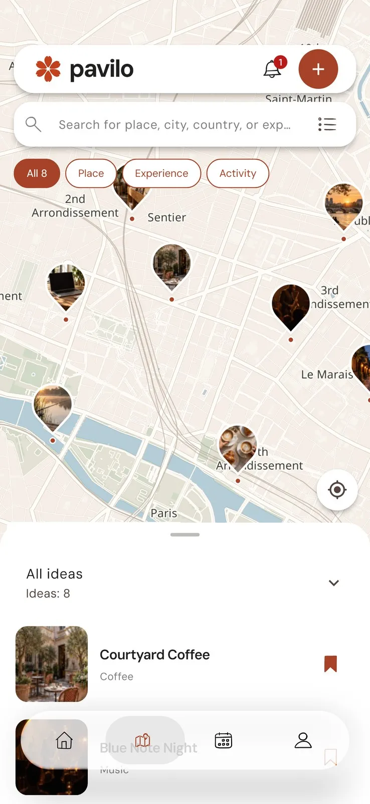 Pavilo map with photo pins for saved places