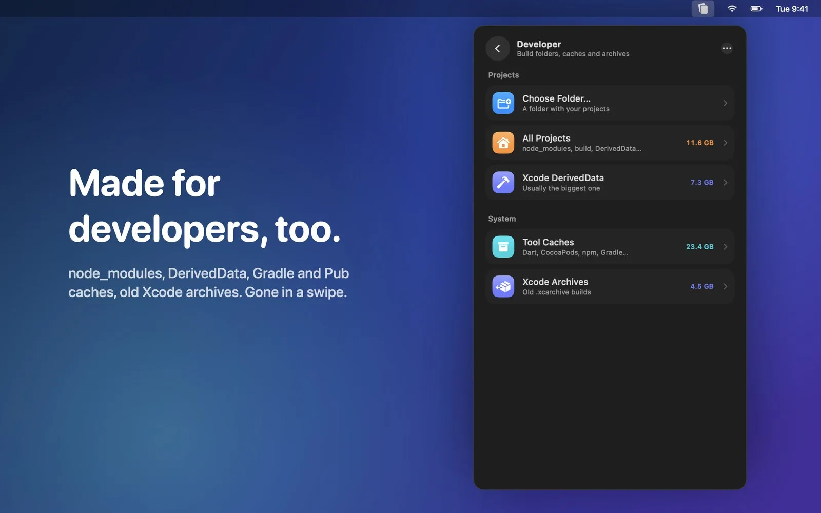 Swipeclean developer caches: “Made for developers, too.”