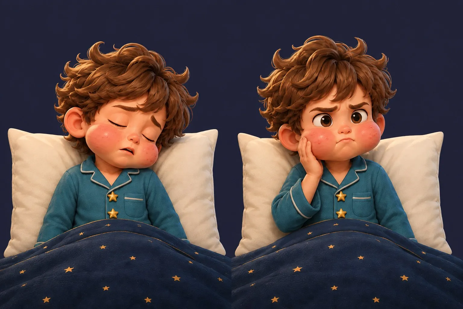 The child asleep, then awake after a bite