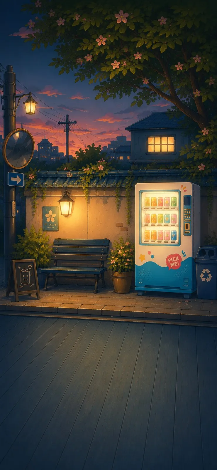 A quiet backstreet at dusk with a vending machine, from VendiMachi