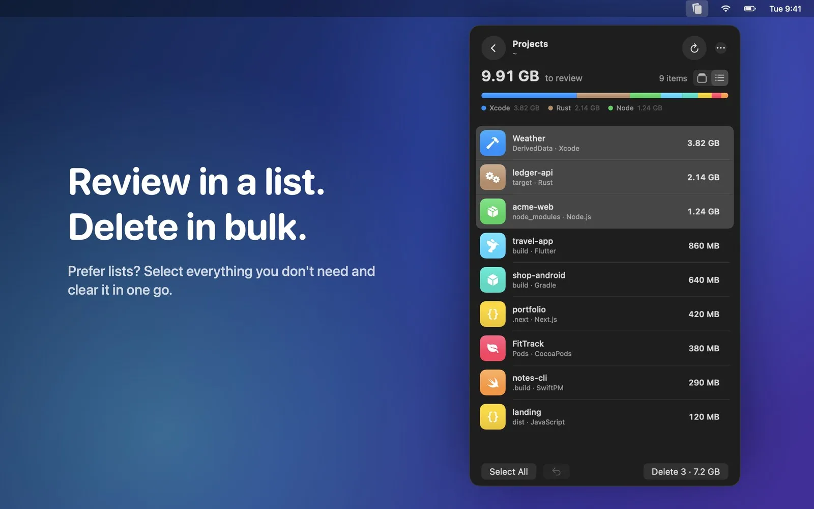 Swipeclean list view: “Review in a list. Delete in bulk.”