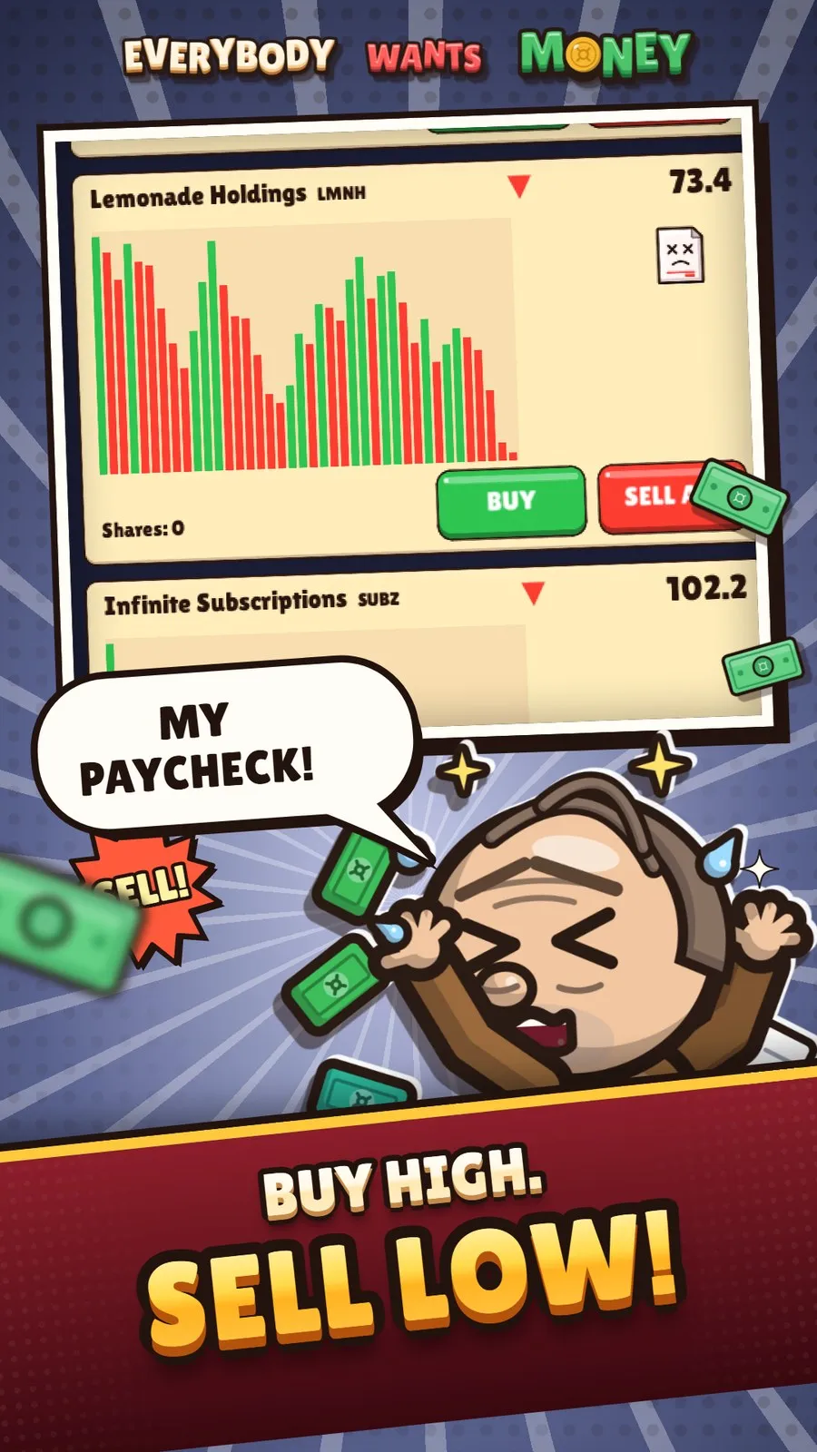 The stock market minigame: “Buy high. Sell low!”